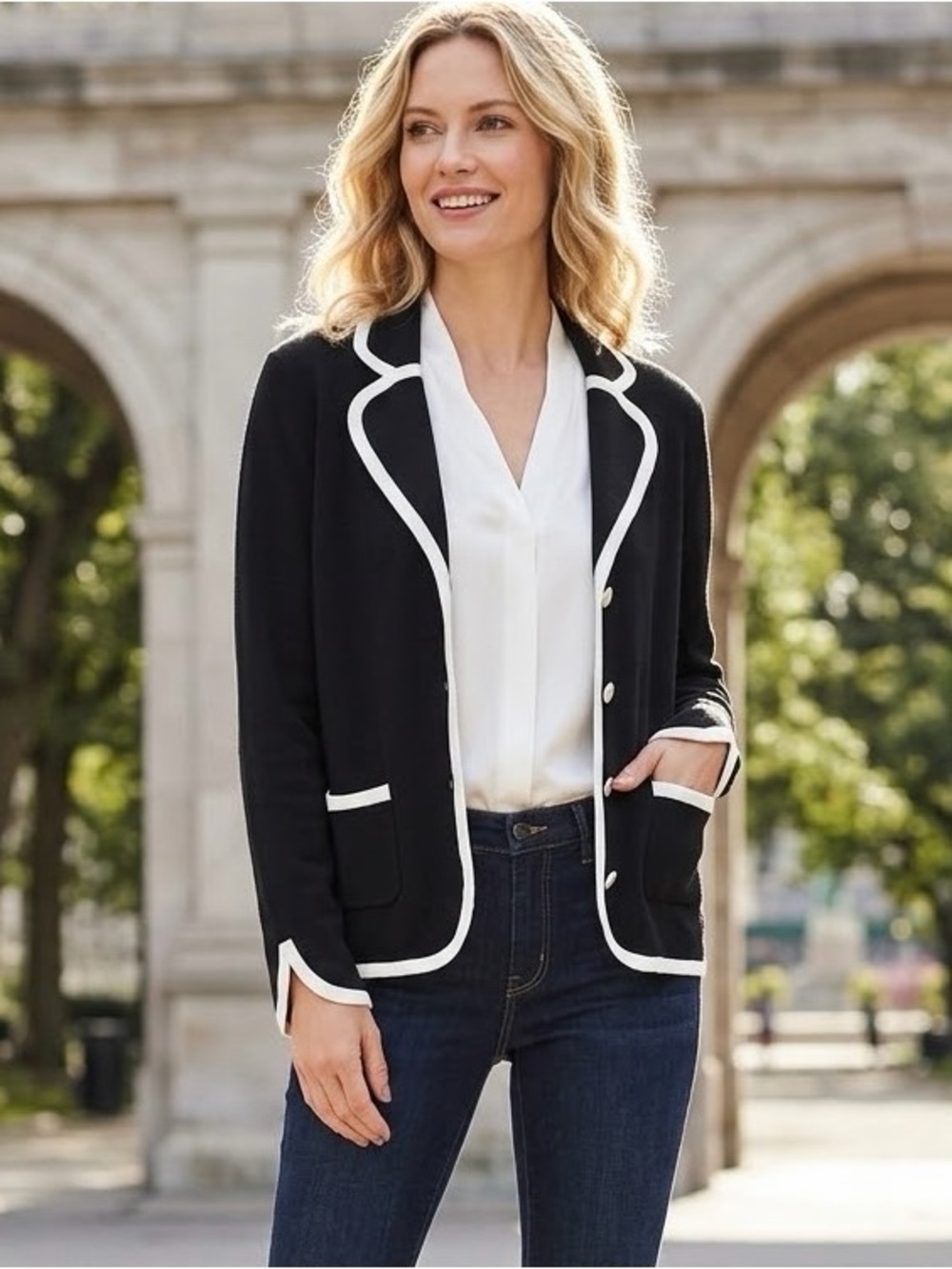 Ann Taylor Black Cardigan Blazer with White Trim